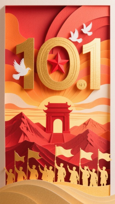 从暖红色到橙色渐变的绚丽背景，好似绚烂晚霞铺满画面。画面中央焦点是巨大的金色 “10.1” 数字，数字线条流畅，散发着耀眼光芒。其中 “0” 里镶嵌着一颗鲜艳的红色五角星，五角星的五个角锐利且明亮。预览效果
