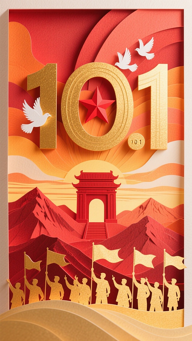 撕纸风与剪影风结合，金色“10.1”点缀红星，中式建筑与山河剪影烘托喜庆氛围，鎏金质感彰显政务庄严，白鸽飞翔寓意和平繁荣。