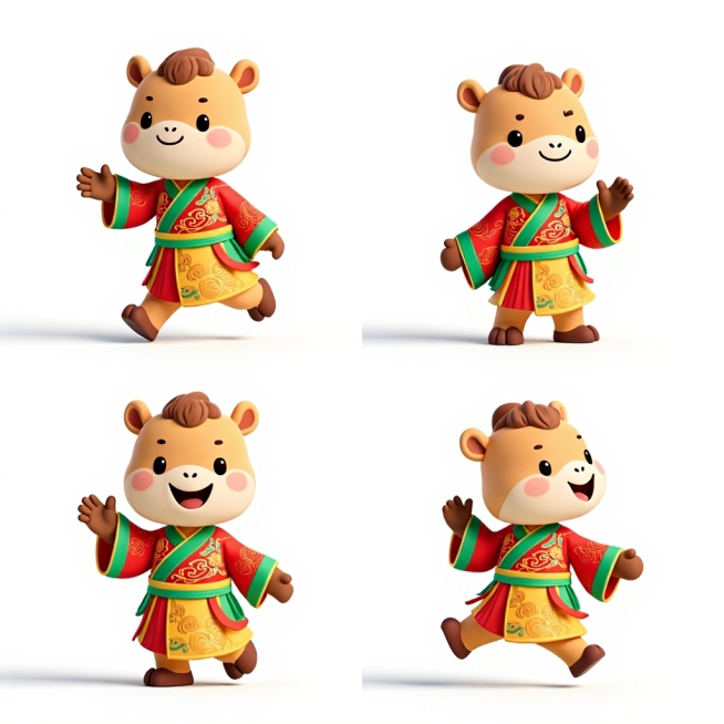 给古都长安设计个官方旅游IP！要融合唐代文化（比如唐三彩马或者仕女）和现代潮流，做得萌一点。风格走国潮插画，线条圆润点，颜色参考唐代壁画但要更鲜亮活泼。性格嘛，要自信大方、热情好客、懂历史，可以带点小预览效果