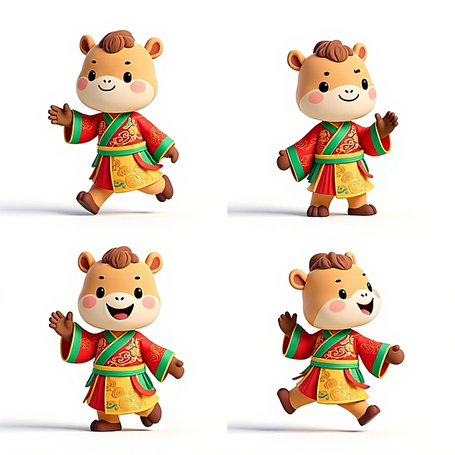 可爱3D角色，拟人风设计，身穿中式传统服饰，展现节日喜庆氛围。