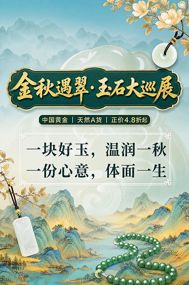 国风新中式玉石巡展活动海报，参考图版式骨架复刻，保留上下分区结构、主标题居中大字、副标题在上、卖点文案在中部、底部山水场景的整体布局。替换全部文案内容。

背景：上半部分为青蓝渐变天空，柔和云雾缭绕，中间有半透明玉石平安扣轮廓做底纹装饰，下半部分为千里江山图风格的青绿山水层峦叠嶂，远山近水层次分明，金秋暖色调点缀山体。

装饰元素：右上角有金秋玉兰花枝与玉石平安扣吊坠，左下角有白玉无事牌挂坠，右下角有绿色玉珠串手链蜿蜒于山水之间，整体呼应玉石主题。

文字布局（从上到下）：
1. 顶部主标题区：深墨绿色底+金色描边的国风牌匾造型，内有金色书法大字"金秋遇翠·玉石大巡展"，字体为大气书法体，字号最大，视觉重心居中
2. 主标题下方副标题：深墨绿色圆角矩形底，金色小字"中国黄金｜天然A货｜正价4.8折起"
3. 中部核心文案区：白色细边框矩形框内，深墨绿色大字分两行"一块好玉，温润一秋""一份心意，体面一生"，字体端庄大气
4. 底部山水区域：自然留白，玉石饰品点缀其间

配色体系：青蓝渐变底色 + 深墨绿色标题底 + 金色文字 + 青绿山水 + 暖金秋色点缀，整体温润典雅，国风古韵。

画面中所有数字必须精确渲染，不得错位、遗漏或编造，"4.8折"数字准确。
画面中所有信息区域必须填充完整合理的内容，不得出现空白框、空白占位。
版式精美，四周留安全边距，主体不贴底。
画面比例2:3竖版，4K超高清，国风工笔质感，温润柔和光影。