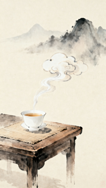 禅意留白风，浅色宣纸背景，简约茶席，白色茶具，一杯清茶置于木桌，一缕茶烟袅袅升起如云朵，背景是朦胧远山，水墨晕染风格，光影柔和，大面积留白，宁静禅意，国风插画，中国传统美学，意境悠远预览效果