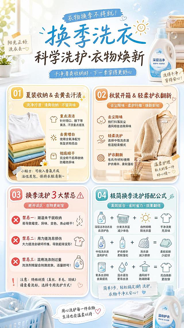 一张小红书风格的换季洗衣科普种草海报，竖版9:16，清新干净的家居洗衣房氛围，柔和自然光，浅蓝白渐变底色，整体温馨治愈。

画面顶部大标题区：
主标题大字醒目："换季洗衣干货✅选对洗涤剂，衣服不发黄不变硬"
副标题小字："夏秋换季面料不同，对症清洗才护衣✨"

画面分为四个信息模块，用圆角卡片分区，排版精美，层级分明：

模块一（左上，暖黄色调卡片）：
"🌞夏装收纳｜去黄去汗渍"
"T恤、短袖贴身久，藏有大量汗渍、皮脂、防晒残留"
"普通洗衣液洗得干净表面，却洗不掉深层氧化黄印"
"✅选活氧配方氧伴侣速泡净"
"温和分解陈年汗黄、污渍，不损伤面料，洗完清爽透亮，收纳不发霉、不返味"

模块二（右上，暖橙棕色调卡片）：
"🍂秋装开箱｜轻柔护衣翻新"
"卫衣、针织、长袖面料娇嫩"
"强力强碱洗剂容易让衣物发硬、起球、褪色老化"
"✅选氧伴侣洁净大师氨基酸温和洗衣液"
"去污同时柔顺护衣，抚平压箱异味，旧衣轻松翻新，上身软糯留香"

模块三（中部，浅红色警示卡片）：
"⚠️换季洗护3大禁忌"
"❌ 不混用多种清洁剂，避免面料受损、残留刺激"
"❌ 不用强碱强力洗剂，防止衣物发硬老化"
"❌ 不高浓度浸泡，避免串色、掉色、伤面料"

模块四（底部，蓝绿色调卡片）：
"🫧极简换季洗护搭配公式"
"▪️ 夏装去黄收纳｜氧伴侣速泡净  免搓泡洗，轻松搞定领口袖口汗黄，懒人友好，洗净再收纳不发霉👏"
"▪️ 秋装温柔洗护｜洁净大师洗衣液  柔顺护衣、长效留香，换季旧衣焕新质感✨"
"▪️ 关键细节｜定期清洗洗衣机槽  杜绝机器污垢二次污染，洗护效果直接翻倍！"

装饰元素：洗衣液瓶、叠好的T恤、洗衣篮、泡泡、阳光光斑等轻量家居洗衣元素点缀，贴纸标签风格，手写感短句装饰，种草封面感，画面信息丰富但不杂乱，所有文字清晰可读，四周留安全边距。

画面中所有信息区域、卡片、列表条目必须填充完整合理的内容，不得出现空白框、空白占位、空列表项。
画面中所有二维码区域使用纯色方块占位符呈现，方块中央标注"二维码占位"文字，严禁生成任何可识别的二维码图案。