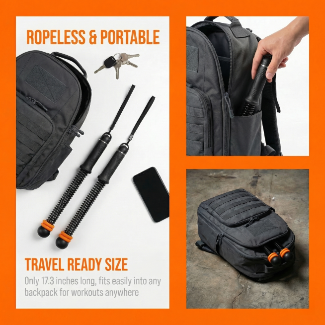 将图片上方的橙色文字 TRAVEL READY SIZE 改为 ROPELESS & PORTABLE，保持字体风格一致，保持橙色粗体大写，&号不要变形，保留图片其他所有内容不变预览效果