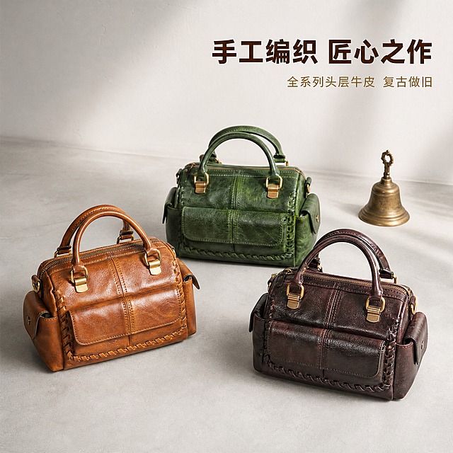 [主图-10] 编织边波士顿包主图，展示手工编织细节与全系列收尾。
[统一基调] 淘宝/天猫女包主图，1:1比例，高级复古质感，暖调柔和侧光，背景为浅灰色桌面+白色墙面的极简场景，与整套视觉统一。
[画面] 画面中展示三款编织边波士顿包，焦糖棕色款在左前方，深棕色款在右前方，墨绿色款在后方中间，三款呈品字形排列。重点展示包身侧面和底部的手工编织皮边工艺、顶部双提手、正面双口袋设计、古铜色五金扣。包包占据画面70%左右，编织纹理清晰，头层牛皮的自然肌理可见，体现手工质感。放置在浅灰色质感桌面上，背景白色墙面，旁边点缀一个复古铜色小铃铛装饰。
[光影质感] 柔和侧光从左侧照射，编织边的凹凸纹理在光线下呈现丰富的阴影变化，突出手工质感，牛皮肌理有自然光泽，五金有细腻高光，底部有柔和接触阴影，整体为高级手工皮具摄影质感。
[配色] 焦糖棕+深棕+墨绿+古铜金，背景浅灰+白，整体暖调手工复古。
[文字版式] 画面右上角主标题「手工编织 匠心之作」，深棕色粗体大字；下方小字「全系列头层牛皮 复古做旧」，浅棕色细体。文字放在右上角负空间，不遮挡包身。
[输出要求] 1:1正方形，2K分辨率，三款包清晰，编织细节锐利，皮质纹理真实，文字清晰；负向：变形、错字、模糊、编织松散、皮质瑕疵、水印、平台Logo。