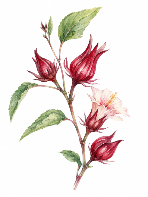 参考原图片的水彩风格，重新生成不同形态的玫瑰茄，水彩画，纯白色背景，清新自然水彩手绘风格，全新造型预览效果