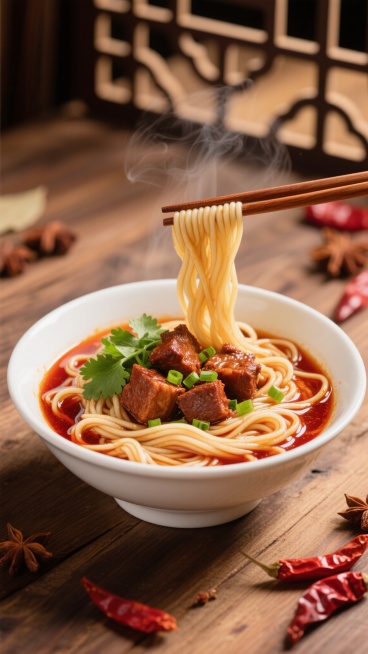 中国传统美食摄影风格，一碗热气腾腾的面条特写，Q弹顺滑的拉面在白色瓷碗中舒展，搭配炖煮入味、色泽酱红的大块肉块，翠绿香菜和嫩绿葱花点缀其上，红褐色浓郁汤汁表面泛着诱人油光，一双木质筷子正夹起部分面条形成自然垂坠的优美弧度，碗的周围散落着鲜红的干辣椒和香料，背景为古朴木质纹理桌面与中式窗棂暗纹屏风，整体以红棕色、暖黄色为主的暖色调，柔和侧光从左上方照射，营造出温馨而质朴的氛围，光影层次分明，突出……预览效果