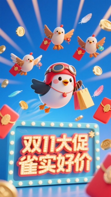 主视觉是戴红色飞行员帽的小鸟，叼着购物袋从画面上方俯冲而出，身后 3 只小鸟叼着红包袋、翅膀下夹着小饰品，正面视角。背景有金币、印着羽毛图案的红包、飞鸟状放射线，画面下方是羽毛纹理的 3D 文字灯牌预览效果