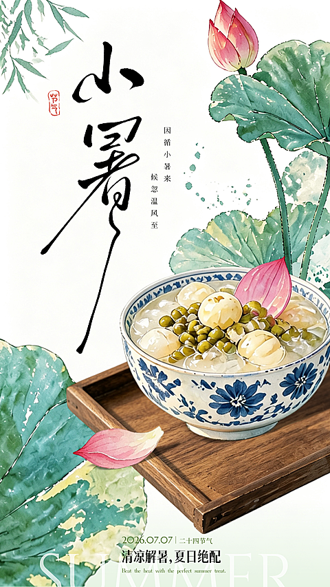 小暑节气祝福清新中式感通用竖版海报