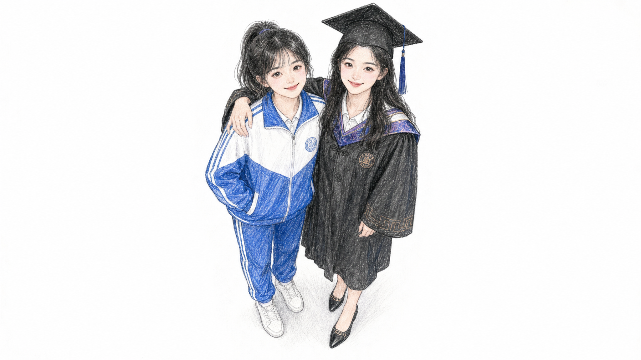 左边女蓝白高中运动校服、小白鞋，青涩高中造型；右边女：黑色博士… - 图片创意预览