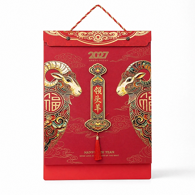 产品精修, 产品置于纯白背景上, 专业商业棚拍光, 5500K标准中性白光, 轮廓光, 体积光, 曝光正确, 强烈真实立体感, 提亮黑色/深色区域的结构层次, 拉开明暗过渡, 恢复部件边界、接缝、转折面和厚度关系, 避免一片死黑但保持原图深色属性, 接地处保留干净浅淡的自然接触阴影, 严禁大片投影、脏灰阴影和悬浮感, 主体居中, 商品完整入画不裁切, 商品外轮廓视觉体量约画面60%-80%, 四边均匀留白约10%-20%, 严禁满幅铺满与贴边顶满, 极致超清画质, 细节清晰锐利, 4K分辨率, 商业级实拍质感, 保留原图真实材质与结构细节, 明显提升商品表面洁净度, 清理灰尘、污渍、指纹、油污、胶痕和霉点, 让表面从脏旧发闷变为干净可售卖状态, 修复划痕、磨损、掉漆、飞边毛刺和使用旧痕, 翻新为干净商业新品感, 基于原图材质恢复纹理、颗粒、折射、高光、柔韧折痕、透明边线或工艺细节, 避免糊成塑料感, 去除非售卖主体杂物、临时垫块、包装垫、支撑块、纸片或填充物, 严禁误删商品结构, 锁定原图商品颜色, 颜色以输入图为唯一参考, 分段部件颜色边界按原图锁定, 还原真实物理色彩, 消除灰暗感和偏色, 锁定原图商品轮廓、件数、部件位置、连接关系、标签文字和可见功能细节, 只做精修不重绘结构, 挂历红色封面纸张: 哑光/半哑光纸质质感, 柔和漫反射, 低高光, 双羊头领头羊珐琅彩流苏区域: 光面金属质感按原图锁定, 高光边线清晰, 反射干净但不过度镜面化, 顶部织锦布封边: 布艺/纺织质感自然, 织纹方向清晰, 纤维层次真实, 正视图, 标准透视校正, 正常透视焦段, 保持同类机位, 比例1:1