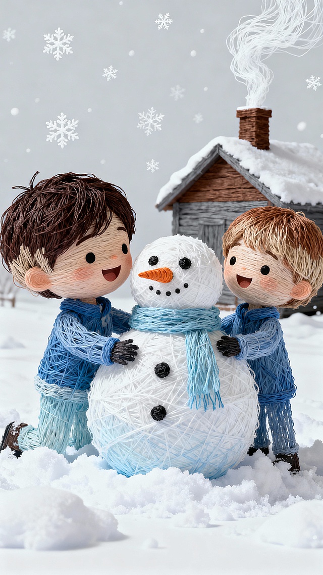 两个孩子在自家后院开心地堆雪人，周围是厚厚的新雪，他们用胡萝卜做鼻子，煤球做眼睛，围巾裹在雪人脖子上，背景是一栋飘着炊烟的小木屋，天空正缓缓飘落雪花。