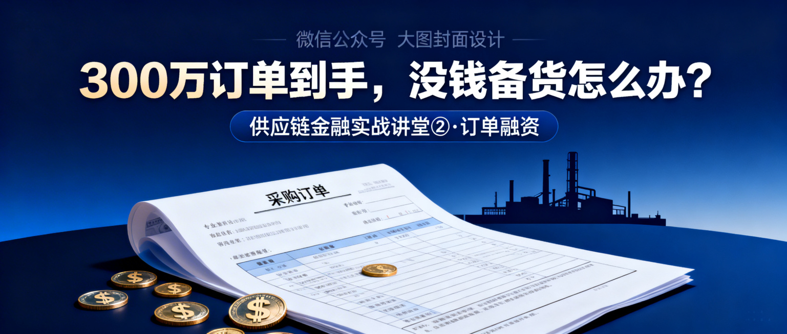 微信公众号大图封面，背景为深蓝色渐变。主体元素包含一份采购订单文件、钱币符号和工厂剪影。上方大标题文字为"300万订单到手，没钱备货怎么办？"，下方副标题文字为"供应链金融实战讲堂②·订单融资"。整体预览效果