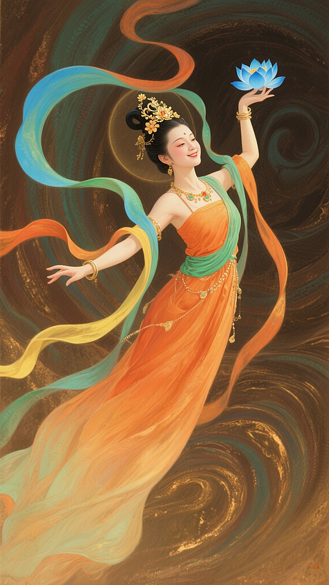 中国古典风格敦煌飞天仙女，身着橙色渐变长裙配青绿腰封，头戴金色花钗发髻，面容温婉含笑，左手轻扬右手托举蓝色莲花，飘带呈蓝绿橙黄渐变色环绕飞舞，背景变换为具有流动光泽的丝绸质感漩涡，整体采用厚重油画笔触，暖色调为主色彩和谐，光影层次丰富，营造神秘飘逸的东方神话氛围，画面构图饱满富有动感，细节精致典雅。
