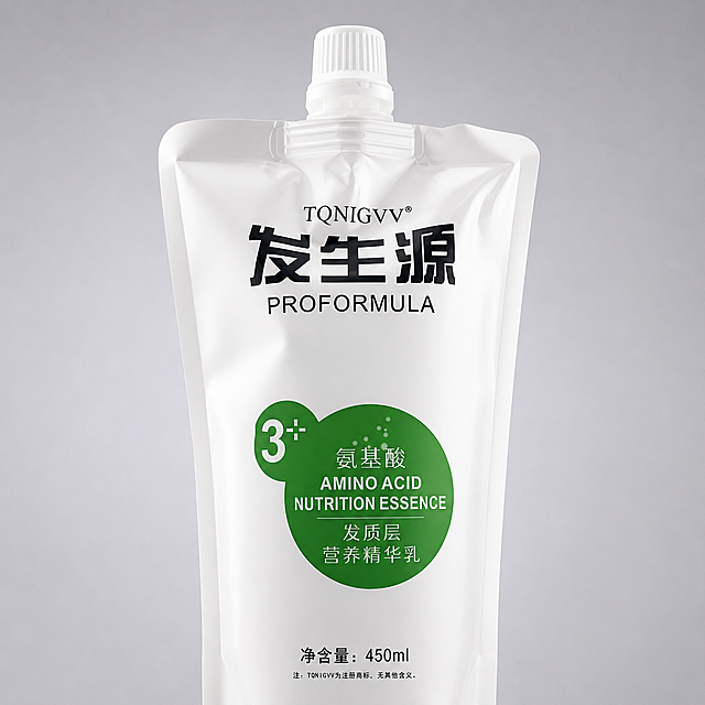 氨基酸营养发膜产品特写主图，聚焦产品logo和绿色成分标识，浅灰色渐变背景，专业摄影，1:1正方形电商主图