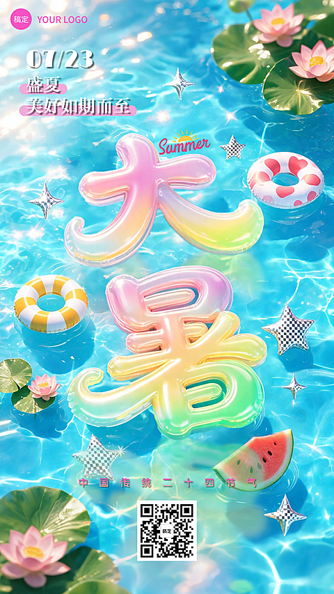 3D立体大暑日签马卡龙色朋友圈竖版海报