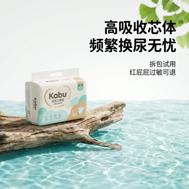 高吸收芯体 频繁换尿无忧，超高清写实摄影，清新自然森系高吸收芯体 频繁换尿无忧极简风电商卡布尿不湿产品留白背景图，主体是尿不湿包装放在一块天然风化的枯木，一半浸泡在清澈透亮的浅青绿色水面上，水面波光粼预览效果