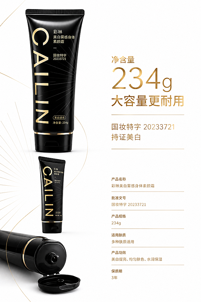 彩琳美白雾感身体素颜霜电商详情页第二屏，2:3竖屏，简约轻奢风，高级产品静物摄影，纯白色背景，左侧为产品多角度展示（正面+侧面+管口特写），还原产品的哑光黑管身与鎏金质感，产品周围添加极淡的金色几何线条装饰，光影柔和；右侧为文字信息模块，主标题"净含量 234g 大容量更耐用"，副标题"国妆特字 20233721 持证美白"，底部标注产品规格信息，主标题采用无衬线极简字体+鎏金烫金特效，规格信息采用纤细无衬线浅金色字体，模块间用细金色线条分隔，整体为左对齐模块化排版，画面干净高级，严格还原产品包装设计、颜色、LOGO位置、文字内容、图案等所有细节，保持产品管身形态比例1:1，整体主色调纯黑+鎏金