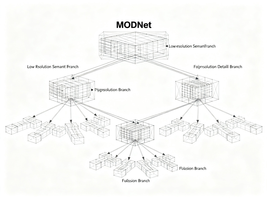 MODNet三分支架构设计框架示意图，仅保留架构框架线条，去除背景，三个分支：低分辨率语义分支、高分辨率细节分支、融合分支，分别标注功能，纯白色背景，清晰框架结构，技术线框图预览效果