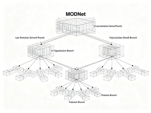 MODNet三分支架构设计框架示意图，仅保留架构框架线条，去除背景，三个分支：低分辨率语义分支、高分辨率细节分支、融合分支，分别标注功能，纯白色背景，清晰框架结构，技术线框图