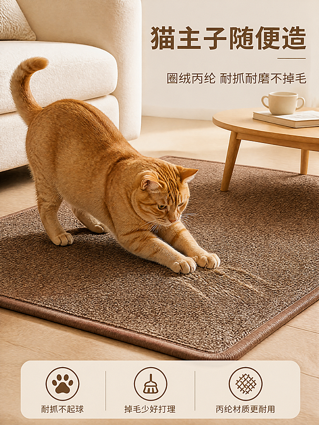 [第3张] 防猫抓卖点-猫咪抓挠地垫场景特写。本张使用【图1】作为地垫主体参考。
[氛围/风格] 温馨治愈家居风，猫咪互动场景，柔和暖光，商业摄影质感。
[元素布局] 咖色圈绒地垫铺在客厅地面，占画面约60%；一只可爱的橘猫正站在地垫上用爪子抓挠地垫表面，猫咪位于画面左侧；地垫表面可见抓挠痕迹但完好无损，突出耐抓特性；背景为浅色沙发一角和小茶几；地垫圈绒材质、咖色颜色、包边结构与输入产品图一致。
[光影质感] 左上方柔和暖光，地垫圈绒纹理清晰，猫咪毛发蓬松有光泽，底部自然投影。
[配色色系] 全局底色 #F5F0E8（米杏色）；主色咖色地垫+橘猫；辅助色米白、浅木色。
[视角构图] 45°微俯视，地垫+猫咪为视觉中心，阅读动线从右上标题 → 中部猫咪互动 → 底部卖点。
[文字版式] 版式为右上标题 + 中部场景 + 底部卖点条。主标题「猫主子随便造」，副标题「圈绒丙纶 耐抓耐磨不掉毛」；底部三个圆角图标卖点：「耐抓不起球」「掉毛少好打理」「丙纶材质更耐用」；文字不遮挡主体。
[比例分辨率] 3:4 竖版比例，4K 分辨率，文字清晰可辨，高清画质。
[负向提示词] 地垫变形，猫咪畸形，颜色偏差，水印，文字错乱，产品图模糊，背景杂乱。