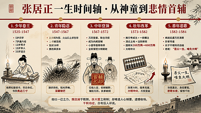 国潮古风结合现代职场轻幽默风格的时间轴梳理图，图片名称《张居正一生时间轴・从神童到悲情首辅》，用途为文章分段插图和干货梳理图。整体是横向长卷轴样式，底色为浅宣纸米白和淡青灰渐变，主色调为大明朱红、鎏金、墨黑。标题用粗宋体，正文用清晰黑体，关键词加粗高亮。包含元素：简笔古风人物、书卷、官印、算盘、烛火、城墙。一条主线时间轴从左到右分为五个阶段：
1.【少年卷王 1525-1547】：5岁识字・7岁通六经・12岁秀才・15岁举人・23岁进士，搭配夜燃松脂读书的极简图标，标注"夜燃松脂读书，双目赤红，书页焦边三寸"
2.【青年隐忍 1547-1567】：嘉靖朝为官，火山口上求生存，上书被无视，蛰伏18年，攒改革资本，搭配潜伏待机的极简图标
3.【中年登顶 1567-1572】：万历登基，联合冯保，成为内阁首辅，小皇帝首席帝师，全权掌控大明朝政，搭配首辅官印的极简图标
4.【壮年改革 1573-1582】：推行考成法 + 一条鞭法 + 清丈土地 + 边防新政，国库从200万两→600万两，大明中兴，搭配算盘和土地的极简图标
5.【暮年悲歌 1582-1584】：病逝后遭万历清算，抄家夺谥，长子不堪刑讯自缢，绝笔："吾父一生，唯负大明"，搭配悲歌烛火的极简图标