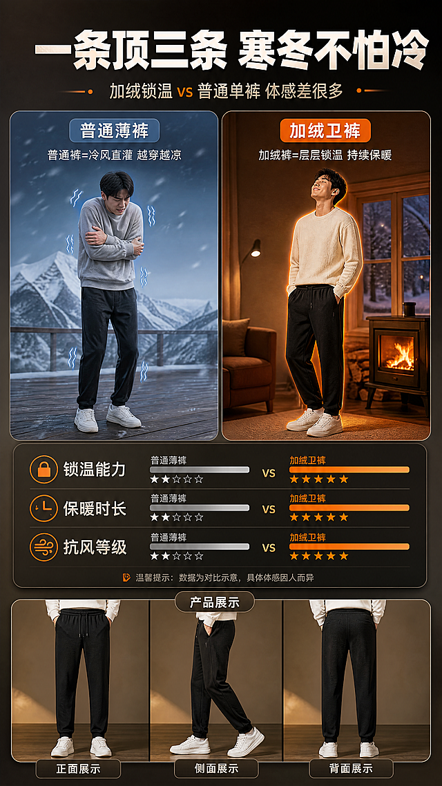 [商品] 使用【图1】男士黑色直筒加绒卫裤；商品处理：保留松紧抽绳腰头、侧边口袋、直筒裤型、纯黑色、平口裤脚；增强面料与加绒质感，不改变版型结构与颜色。
[画面] 目标：保暖数据对比页，可视化加绒裤与普通裤的锁温差异。构图：左右对比式竖版布局，左侧为「普通薄裤」配冷蓝色调+人物瑟瑟发抖示意，右侧为「加绒卫裤」配暖橘色调+人物温暖舒适示意；中间用横向条形对比图展示保暖时长/锁温能力差异；底部放置裤子半身穿戴小图作为产品参照。产品占画面约30%，背景为深灰到暖棕渐变，阅读动线从上到下、从对比到数据。
[视觉] 套系策略：风格=冬季暖调高级商业摄影，电影感暖光氛围；标题字=粗黑体，厚重有力；正文字=思源黑体，清晰易读；主色=深黑+暖棕；背景延展=基于暖棕与深黑做深浅层级、同色渐变和冬日暖光质感；强调色=暖橘色，仅用于小面积图标、引线、标签和重点数字高亮；标题色=米白色；正文色=浅暖灰；组件=圆角深色半透明信息卡、细线暖橘引线、数据条形图组件；光影=均匀暖光，数据区清晰明亮。
[文字] 顶部主标题「一条顶三条 寒冬不怕冷」，副标题「加绒锁温 vs 普通单裤 体感差很多」；中部左右对比栏各配短文案：「普通裤=冷风直灌 越穿越凉」「加绒裤=层层锁温 持续保暖」；下方条形对比图标注「锁温能力」「保暖时长」「抗风等级」三项对比（用等级/星级表达，不虚构精确数值）；文字全部横排，字号保证手机端可读。
[规格] 图片比例9:16竖版，4K分辨率，避免变形、错字、文字过小、冷蓝主色、裤子颜色改变、虚构精确数据、极限词、医疗功效承诺。