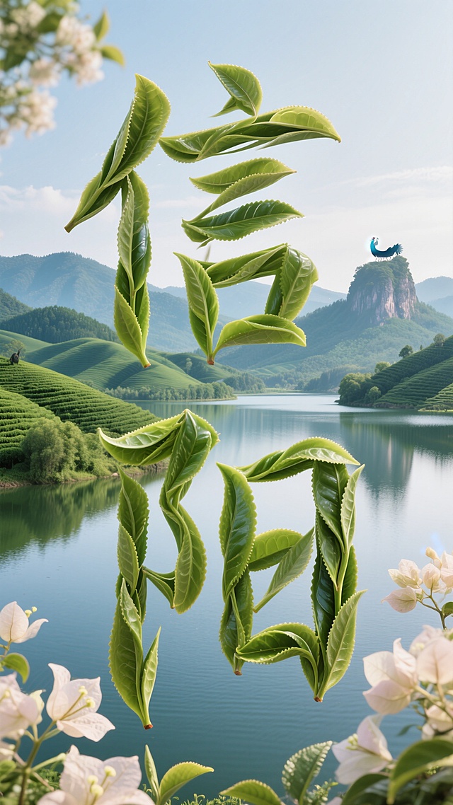 “信阳”二字由信阳毛尖茶叶变成扭曲而成，文字居中，背景是茶山组成、南湾湖波光倒影 、鸡公山的山景，融入信阳浅色三角梅元素，景深