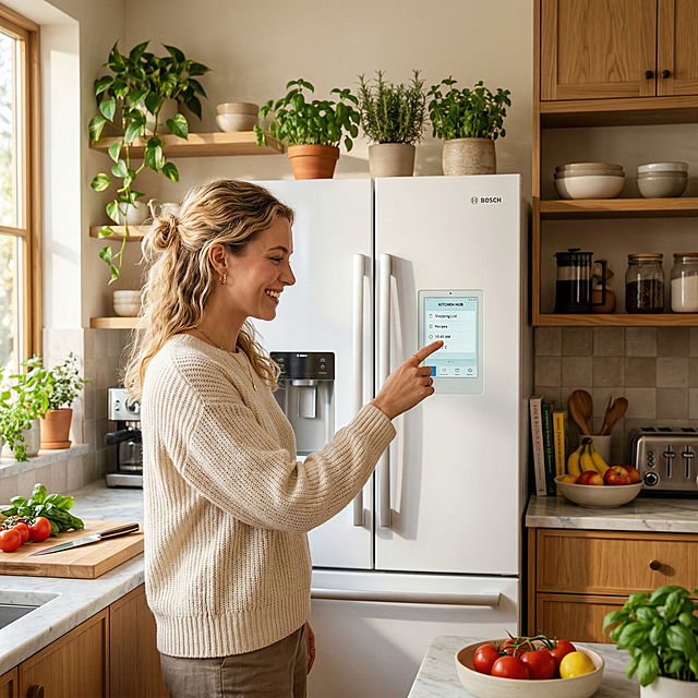 一张充满温馨感的现代厨房场景图，整体氛围明亮治愈，完美融合了智能家居与居家生活感。一位外国面孔的气质松弛的年轻女性，用手指轻点冰箱门上的智能触控屏，神情轻松愉悦。智能冰箱为白色法式三门设计，右侧门嵌有一块小尺寸触控屏。冰箱居中构图女士在左侧，画面高清，细节丰富。