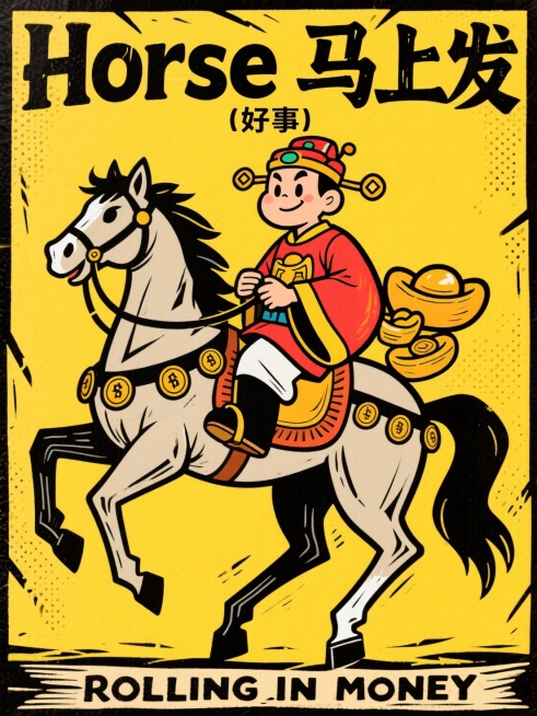 《茶杯头》画风，男生（财神服装），骑乘装饰铜钱元素的马，顶部标题 “Horse 马上发”在Horse顶部小字注解“好事”，底部复古的横幅 “ROLLING IN MONEY” ，氛围喜庆且具潮流感，黑预览效果