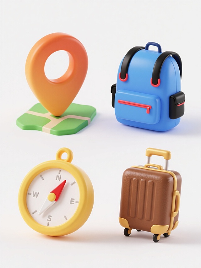 一套4个旅行主题元素的3D图标集合，保持相同风格与规整排布。每个元素均采用圆润立体造型，具有从亮到暗的渐变色彩和柔和阴影效果。元素包括：橙色定位标记放置在绿色地形块上，蓝色旅行背包带有黑色背带和红色拉链，黄色圆形指南针带有红色指针和白色刻度，棕色皮质旅行箱带有金色拉杆和万向轮。所有图标均以白色为纯色背景，单个元素大小一致，排列整齐有序，整体呈现出简洁明快、友好活泼的视觉风格。
