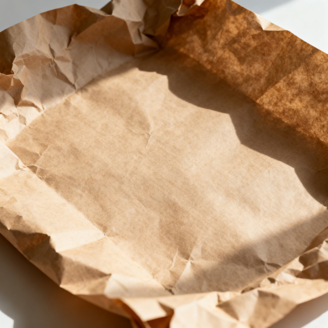 一张自然摆放的牛皮纸包裹场景，牛皮纸张带有复古粗糙的纹理质感，纸张自然摊开褶皱，留出放置产品的空白区域，整体风格简约复古，暖棕色调，柔和自然光，ins风产品拍摄背景预览效果