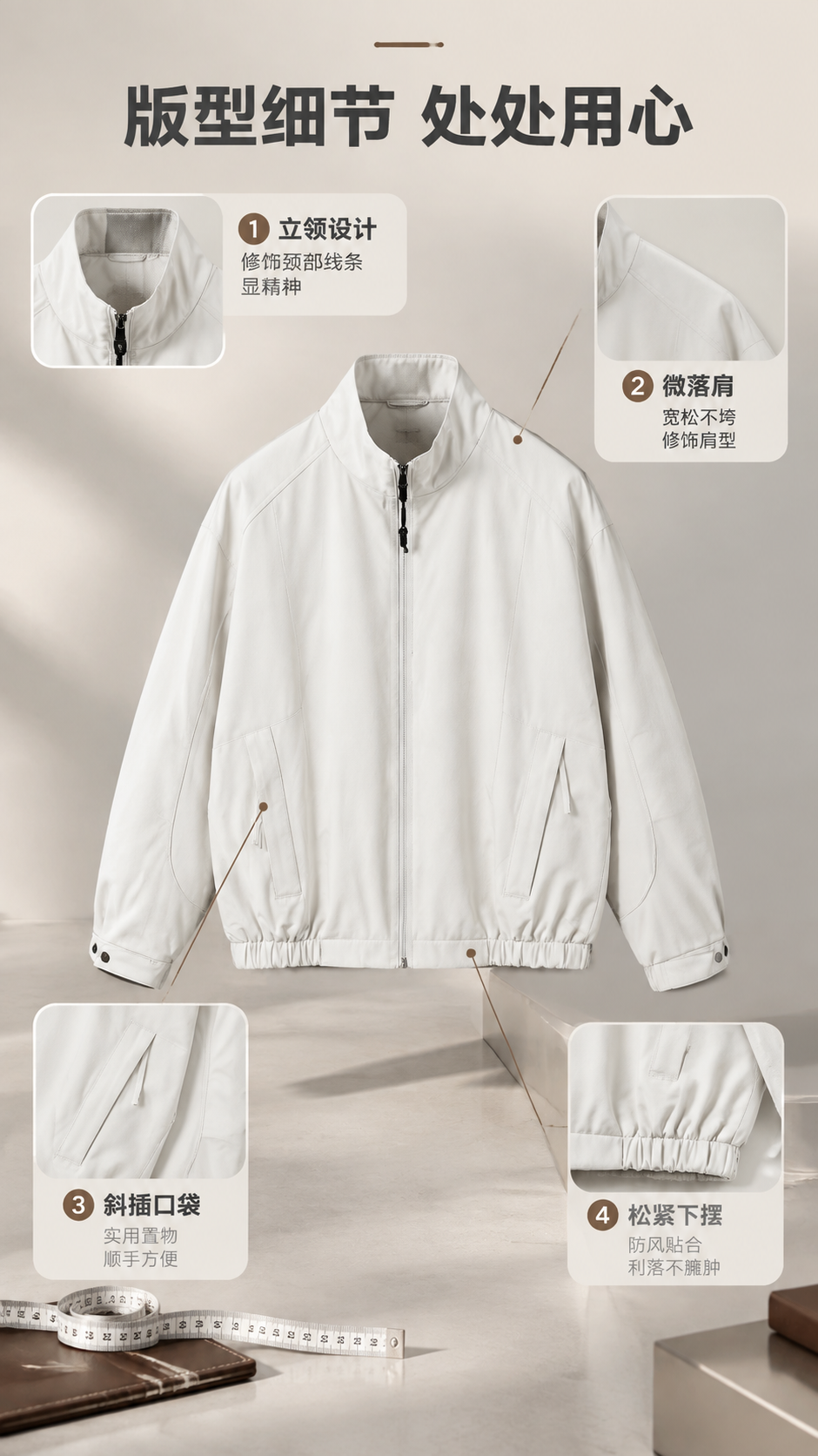 [商品] 使用【图1】米白色男士立领宽松夹克；商品处理：保留立… - 图片创意预览