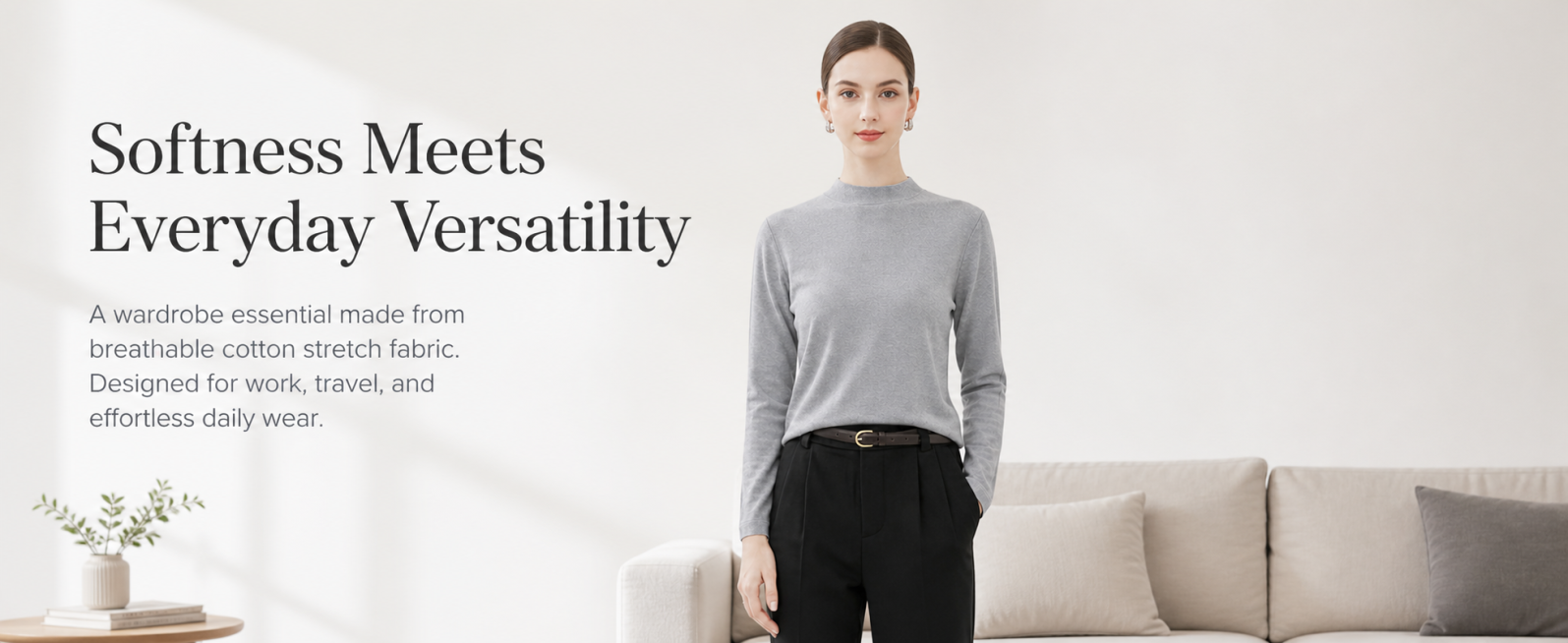 [第1屏] 本屏功能定义：Women's Gray Long Sleeve Cotton Stretch Crew Neck T-Shirt main visual landing page, fea预览效果