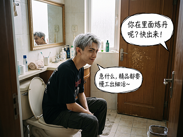 自然真实视觉风格，年轻痞帅风格男生，高双商外倾型，外桀骜内在温柔，银白碎翘层次短发两侧稍短，尖小耳，瘦脸精密五官极佳皮骨相，锐利感暗黑阴痞气质，眼睛稍大。男生坐在家里厕所马桶上拉屎，表情有点得意又带点坏笑，厕所门外传来家人敲门的声音，门上有对话气泡写着中文：“你在里面炼丹呢？快出来！”，男生对着门方向回应，旁边对话气泡写着中文：“急什么，精品都要慢工出细活~”。场景生动自然，人物行为合理，面朝向对话对象，不穿透物品，场景遵循物理规律，镜子中有相同动态的镜像投射，家庭厕所环境真实有生活感，光线自然柔和，4:3比例