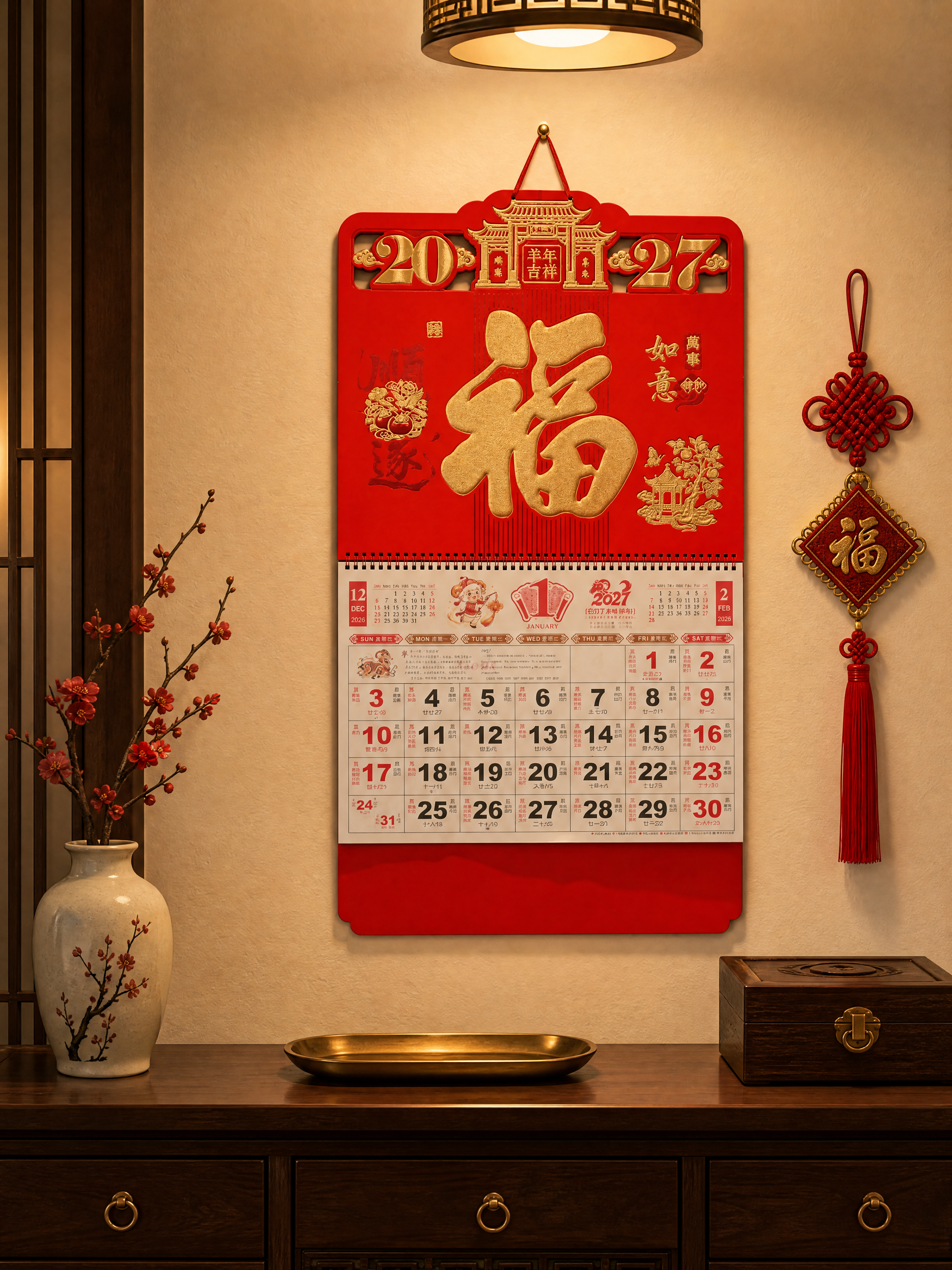将挂历背景替换为新中式客厅玄关墙面场景。挂历严格参照上传产品图… - 图片创意预览