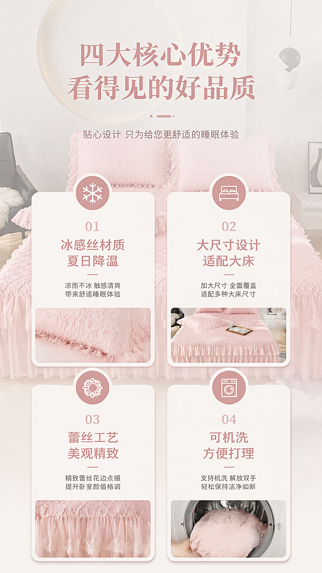 [第7屏] 核心卖点罗列，分点展示产品四大优势。本屏使用【图1】做背景弱化处理突出文字。
[氛围/风格] 信息清晰，图文结合，简约高级。
[元素布局] 背景为虚化的凉席整体图，保留粉色纹理氛围感；前景四个信息卡片，每个卡片搭配一个卖点和对应小图标，分两排排列整齐；保留产品颜色风格一致。
[光影质感] 整体均匀光，前景卡片明亮清晰，背景虚化柔和，层次分明。
[配色色系] 全局底色 #F8F4F2；主粉色；辅助白色浅灰文字。
[视角构图] 平面信息排版，居中对齐，阅读动线从上到下，从左到右。
[文字版式] 顶部主标题“四大核心优势 看得见的好品质”，下方四个卖点卡片：1「冰感丝材质 夏日降温」，2「大尺寸设计 适配大床」，3「蕾丝工艺 美观精致」，4「可机洗 方便打理」，每个卖点配对应小图标，文字清晰，排版整齐。
[比例分辨率] 9:16 竖版比例，4K分辨率，文字清晰可辨。
[负向提示词] 文字错乱，文字过小，背景杂乱，产品变形，颜色偏差。