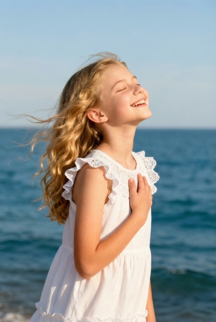 一张超写实的专业人像摄影，保持原动作姿势不变，15岁左右的外国可爱小女孩，金色长卷发被风吹起一点，闭着眼睛露出灿烂的笑容，4/3的侧脸，下巴上仰10度，一只手放在胸口，穿着带蕾丝荷叶边的白色无袖连衣裙预览效果