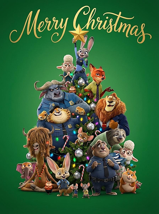 软3D卡通风格，拟人动物围聚圣诞树，鎏金文字点缀，喜庆氛围浓厚，节日感十足。
