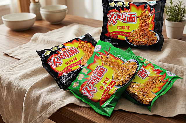 将图片中的火鸡面产品放置在有柔软棉麻质感桌布的木质桌子上，保持产品细节清晰，光线柔和自然，整体风格温馨有生活感