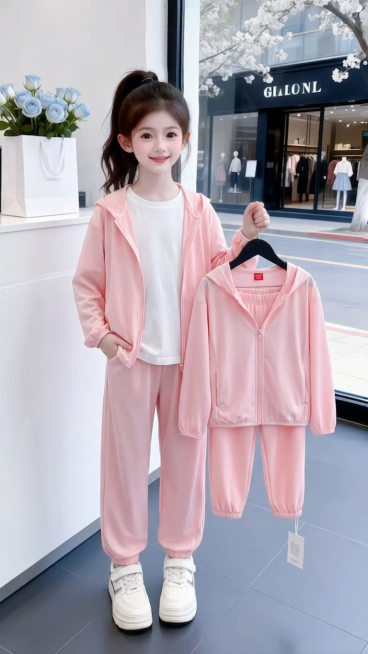 用图1的纯棉短袖和连帽外套以及裤子替换图的2的人物穿的衣服裤子和模特手里衣架上挂着的衣服，保留原场景光影，保持图2的人物的五官和发饰不变，姿势不变，拍摄角度不变，模特的朝向不变，背景不变，图片宽高尺寸预览效果