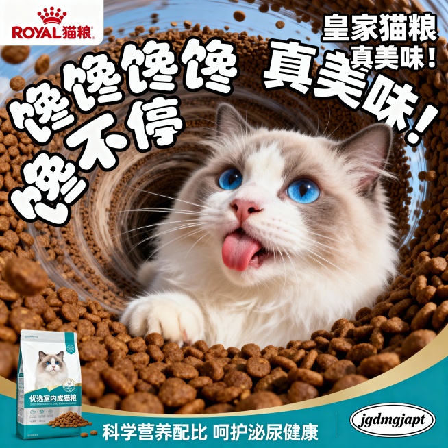 超级超级变形鱼眼变焦镜头，第一人称视角，特写表情生动舔舌的布偶猫面部，布偶猫浅色毛发，湛蓝色眼眸，周围环绕漩涡状聚拢的棕色猫粮颗粒，左上角有“ROYAL猫粮”品牌标识，左侧有大号白色卡通胖字体“馋馋馋预览效果