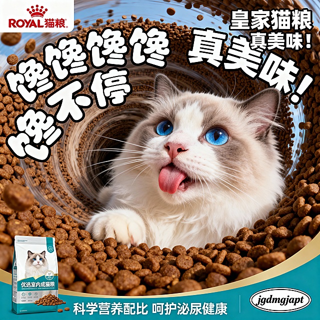 拟人风猫咪萌趣吐舌，3D质感猫粮环绕，大字风标语强化促销感，重拟物风设计突出真实美味，整体充满可爱与趣味，传递节日般欢愉的喂养体验。