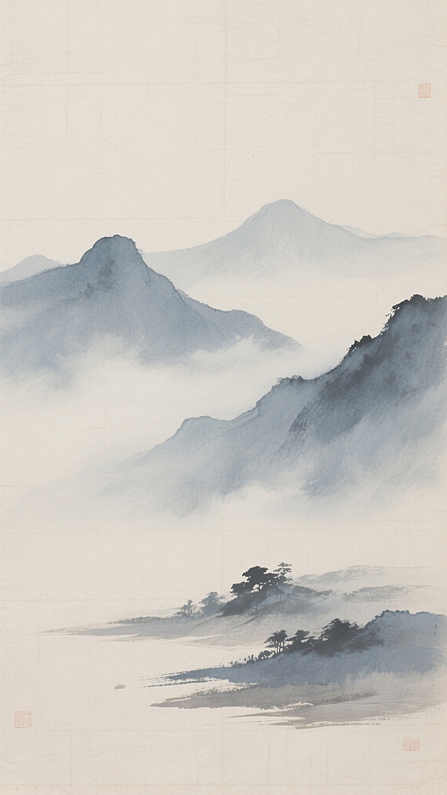 中国传统水墨画风格的背景，以淡米色宣纸为底，底部以浓淡不一的灰蓝色水墨渲染出层叠起伏的远山，笔触写意洒脱，墨色晕染自然，山间云雾缭绕，留白充足，营造出空灵悠远、宁静淡雅的意境，整体色调柔和统一，呈现出东方水墨特有的朦胧美感与禅意氛围。