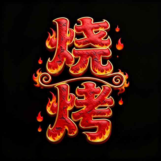 干净的纯黑色背景。3D艺术字体设计，两个字"烧烤"，所有文字竖排排列，笔画粗壮饱满带有火焰纹理变形，连接处用火焰卷曲衔接。材质色彩：主体大红色带金黄色火焰描边，点缀橙红色火光装饰，整体呈现红红火火的热预览效果