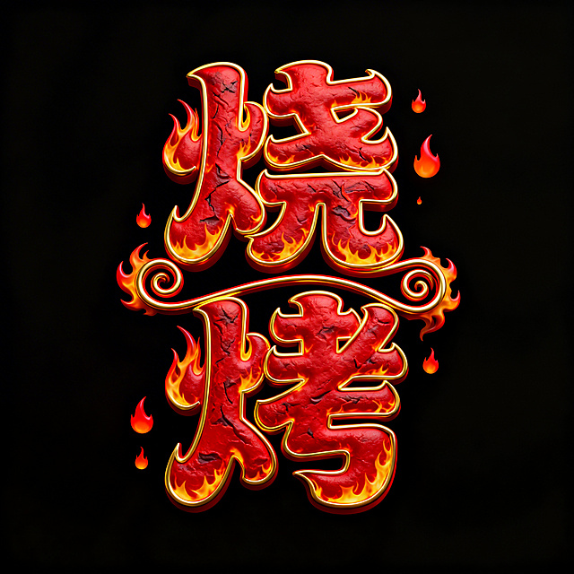 干净的纯黑色背景。3D艺术字体设计，两个字"烧烤"，所有文字竖排排列，笔画粗壮饱满带有火焰纹理变形，连接处用火焰卷曲衔接。材质色彩：主体大红色带金黄色火焰描边，点缀橙红色火光装饰，整体呈现红红火火的热烈效果。仅包含两个字："烧"、"烤"，不得增加、遗漏或替换任何一个字。比例1:1。