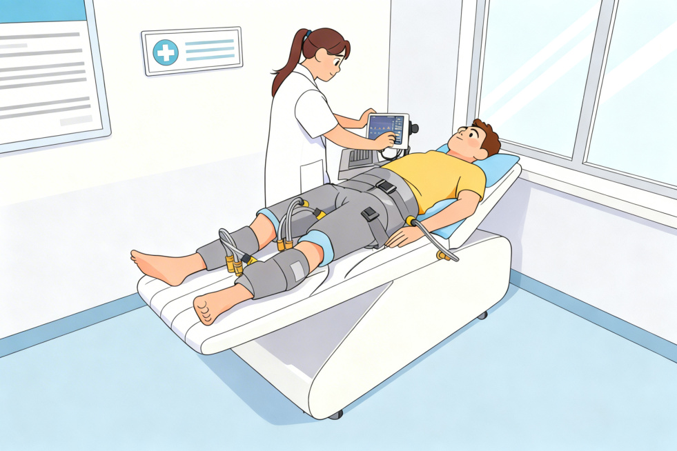 优化重绘，保持原图场景：医院治疗室内，医生为躺在治疗床上的患者进行体外反搏治疗，患者双腿绑着加压气囊，医生操作设备。保持扁平化卡通医疗插画风格，提升线条清晰度，优化色彩饱和度，细节更干净，保留整体构图预览效果