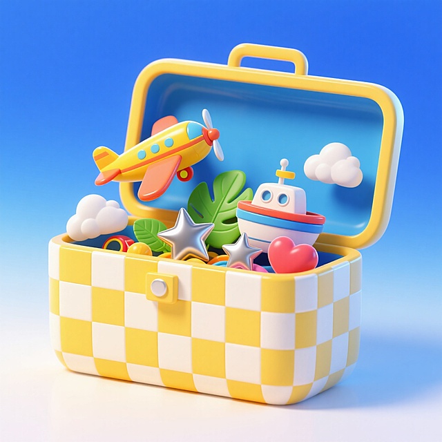 黄白相间的格子收纳箱里装着一些的玩具：大元素：飞机、船；小元素：白云、绿叶、银色星星，桃心，蓝白渐变背景