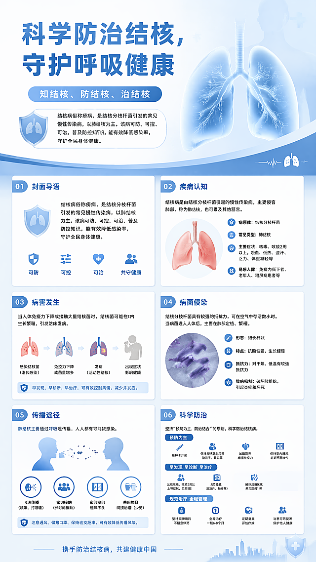 结核病防治科普宣传展板（精简版大纲）
展板定位：面向社会全员，语言通俗、图文并茂，结构分为封面、疾病认知、病害发生、病菌侵染、传播途径、科学防治六大板块
板块一：封面导语
主标题：科学防治结核，守护呼吸健康
副标题：知结核、防结核、治结核
导语：结核病俗称“痨病”，是结核分枝杆菌引发的常见慢性传染病，以肺结核为主。该病可防、可控、可治，普及防控知识，能有效降低感染率，守护全民身体健康。
板块二：疾病认知 | 认识结核
1、疾病简介
由结核分枝杆菌所致，90%以上为肺结核；分为传染性活动性肺结核与无传染性肺外结核（骨结核、淋巴结核等）两类。
2、典型症状
核心信号：咳嗽咳痰持续2周以上、痰中带血；伴随症状：午后低烧、夜间盗汗、疲惫消瘦、胸闷乏力、食欲不振。
3、高危人群
免疫力低下者、营养不良及过度劳累人群、密闭场所聚集人员（学生、务工人员）、糖尿病患者、结核患者密切接触者。
板块三：病害发生 | 为何会患病
1、病菌特性
结核杆菌耐寒耐干燥，在痰液、灰尘中可存活数月；惧怕紫外线与高温，阳光直射即可有效消杀。
2、发病原因
外因：接触并吸入结核病菌；内因：自身免疫力薄弱，无法抵御病菌入侵。
3、诱发因素
居住环境密闭潮湿、作息紊乱营养不良、烟酒成瘾、患有基础慢性病、长期精神压力过大。
4、发病特点
多数人为潜伏感染，无任何症状且不传染；仅免疫力下降时，体内病菌活化增殖，发展为活动性结核病。
板块四：病菌侵染 | 感染全过程
1、侵染入口
以呼吸道入侵为主，少数可通过消化道、破损皮肤黏膜侵入人体。
2、四大侵染步骤
侵入：吸入带菌飞沫，病菌进入肺部；
潜伏：病菌定植肺泡，暂无明显症状；
发病：免疫力降低，病菌破坏肺部组织，甚至扩散至全身器官；
排菌：活动性患者向外排出病菌，成为传染源。
3、核心区别
潜伏感染：无病症、无传染性；活动性结核：有典型症状、具备传染性，需立即治疗。
板块五：传播途径 | 病毒如何扩散
1、主要途径
空气飞沫传播：患者咳嗽、说话、吐痰排出带菌飞沫，健康人吸入后感染，密闭空间风险最高。
2、次要途径
消化道误食污染物、直接接触患者病灶分泌物（占比极低）。
3、常见误区
正常握手、共餐、蚊虫叮咬不会传播结核；长期近距离接触、通风不良是感染主要诱因。
4、高危场景
教室宿舍、工厂车间、棋牌室、拥挤住宅等人员密集、通风差的封闭场所。
板块六：科学防治 | 全方位防控方案
1、日常预防
常态化开窗通风；不随地吐痰，规范遮挡口鼻；均衡饮食、加强锻炼、戒烟限酒；新生儿接种卡介苗。
2、早期筛查
普通人群每年胸片筛查；高危人群半年专项检测；咳嗽咳痰超2周，前往定点医院免费筛查。
3、规范治疗
遵循“早期、联合、规律、全程”原则；普通肺结核6-8个月可治愈，治愈率超95%；国家免费提供基础药物与筛查，严禁私自停药，避免产生耐药性。
4、传染源管控
确诊患者初期居家隔离，佩戴专用口罩，餐具分开存放；密切接触者及时排查随访。
宣传标语
科学防结核，健康伴我行；早发现、早治疗，终结结核病；关爱结核患者，拒绝歧视偏见