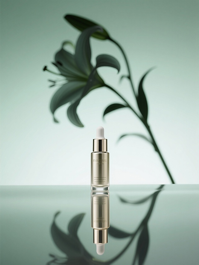 底部镜面倒映着一支高端精华的特写，背后是一支长长的百合花剪影，淡绿色渐变背景